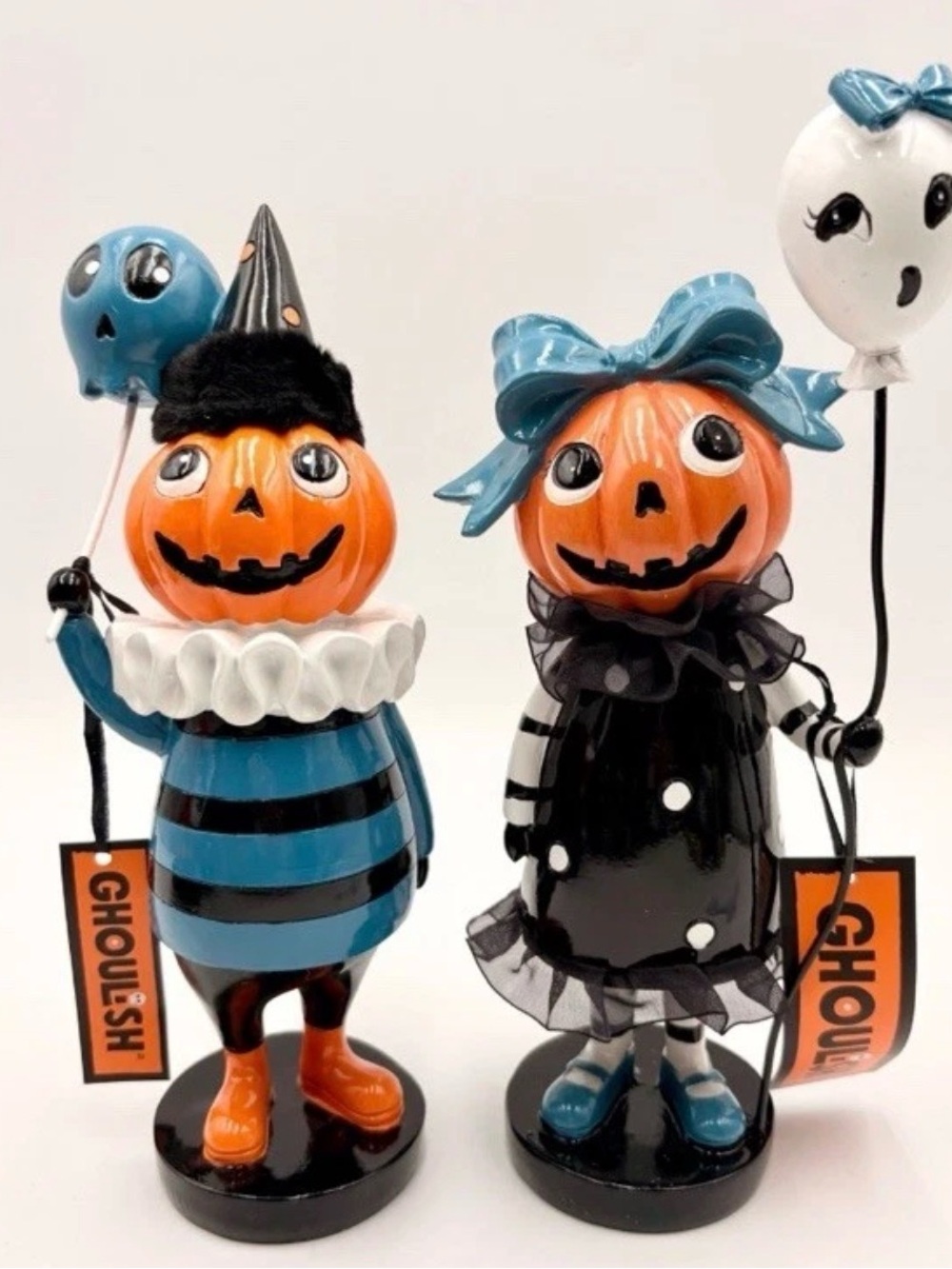 Ghoulish Retro Halloween Pumpkin Head Boy Girl Figurine Set Blue Black Whimsical
